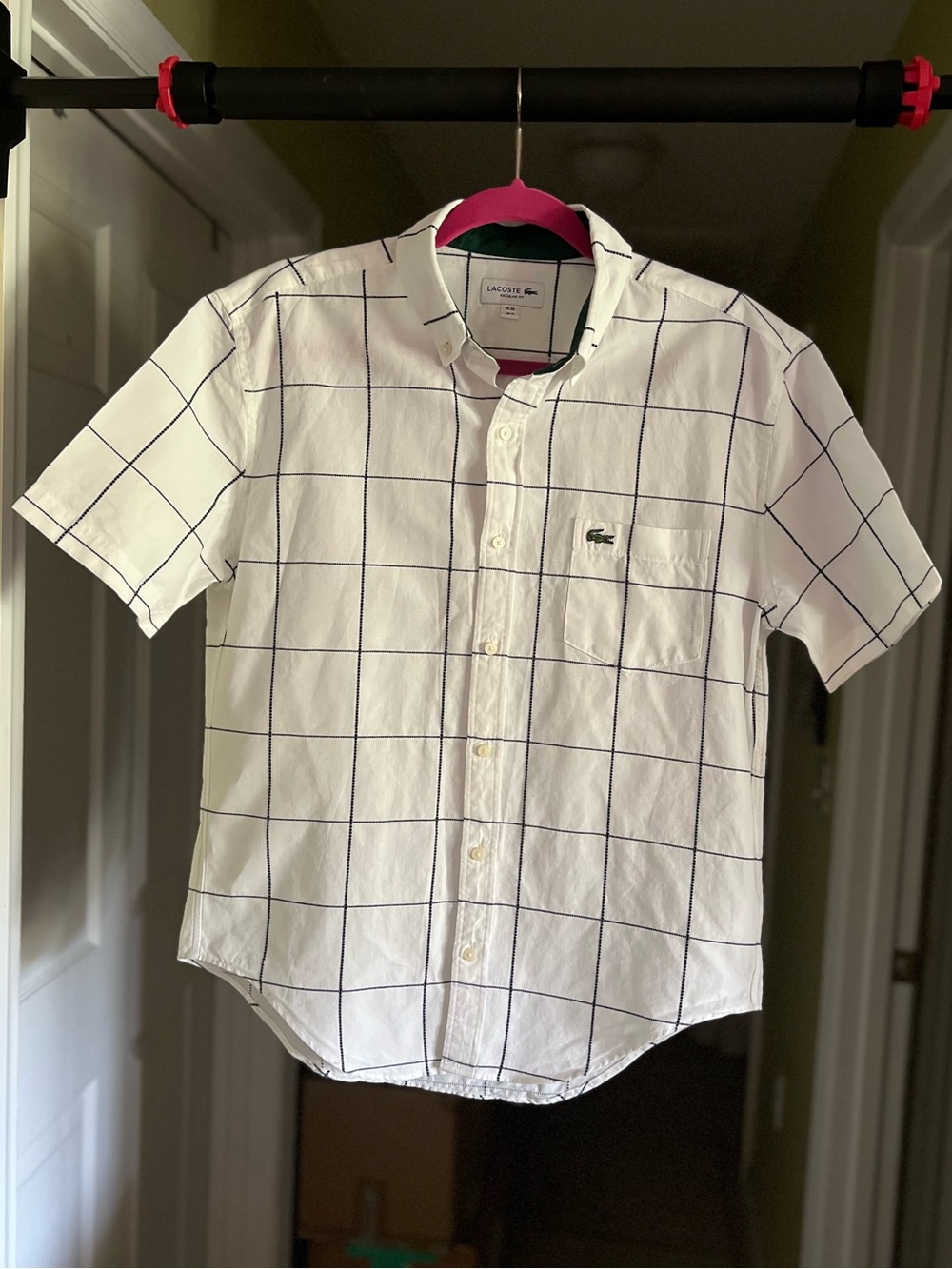 Lacoste White Short-Sleeve Windowpane Button-Down Shirt size M